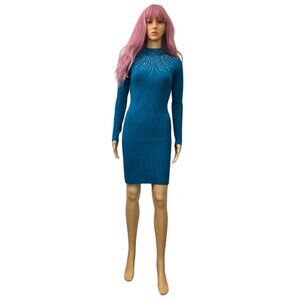 Women’s Bright Blue Turtleneck‎ Sweater Dress with Bling – Cozy & Chic
